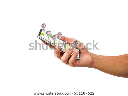 Man's hand holding mobile phone with map and navigation symbol on screen on white background