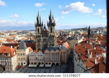 Panorama view from the tip of the tower of the Astronomical Clock, in Prague, Czech Republic Royalty-Free Stock Photo #551198077