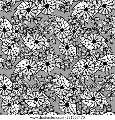 Black and white seamless floral pattern. Abstract beautiful  flowers silhouettes. Vector clip art.