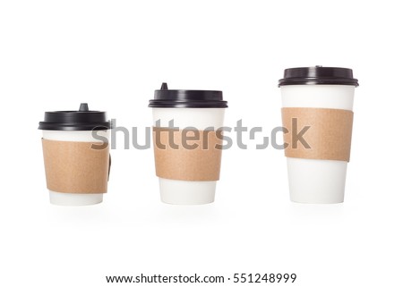 Three paper coffee cups isolated over white, clipping path Royalty-Free Stock Photo #551248999