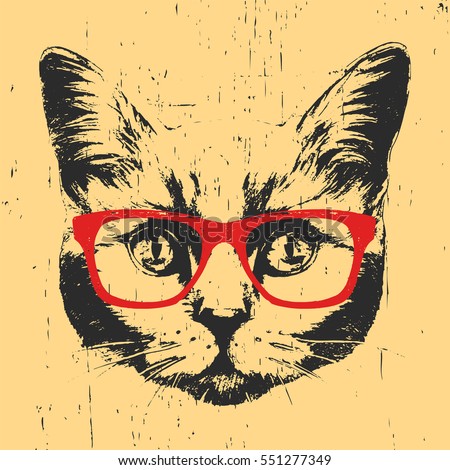 Portrait of British Shorthair Cat with glasses. Hand drawn illustration. Vector.
