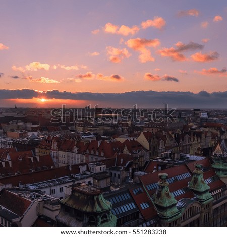 View on the Wroclaw during sunset from "Penitents Bridge", Poland, Europe.