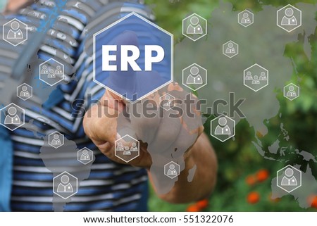 Farmer businessman pressed a button ERP enterprise resource planning on the touch screen . The concept of human resources in the network , access control,customer relationship management. 