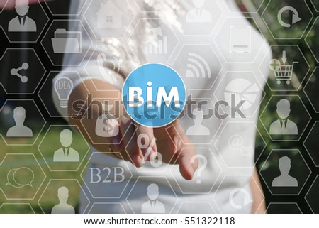 Businesswoman push button icon, BIM, building information modeling on the touch screen in the web network .  