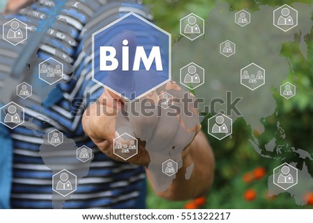 Farmer businessman push button icon  BIM, building information modeling on the touch screen in the web network .Tanned hands, male hands of an elderly person.