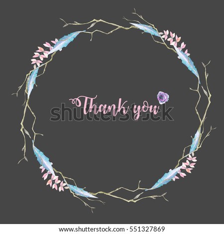 Circle frame, border, wreath with watercolor tree branches and leaves, hand drawn on a dark background, for invitation, card decoration and other works