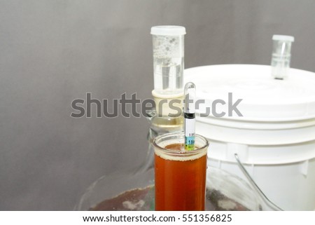 Home brew beer hydrometer measuring final gravity with carboy in background