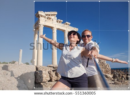 Cropping for social networks post photo of young couple on antique ruins. Temple of Apollo, Side, Turkey