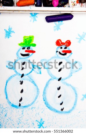 colorful drawing: Happy snowman couple