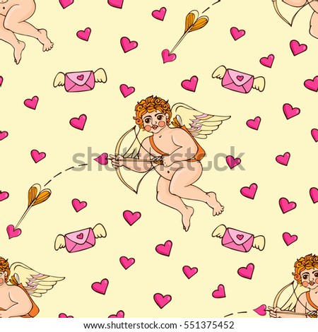 Seamless pattern of angel and heart. Collection Valentine's Day. Sketch angel or cupid little kid vector illustration drawn by hand. Doodles.