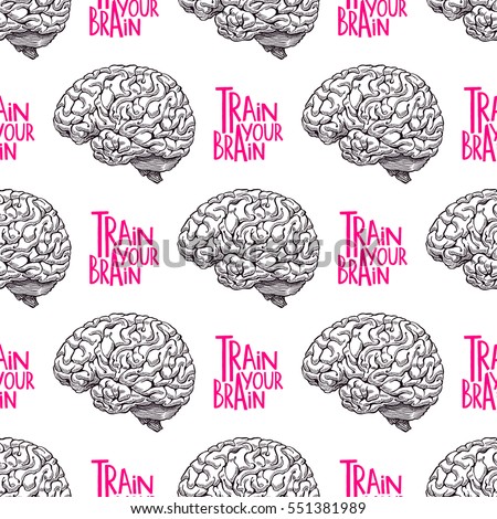 Train your brain. beautiful seamless pattern of realistic brain. hand-drawn illustration