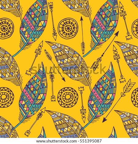 Seamless pattern with feather and arrows in vector. hand drawn doodle . eps10.
