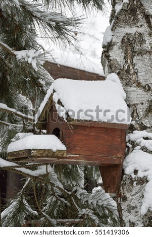 Bird house. Home for birds in the winter. Bird house covered in snow.