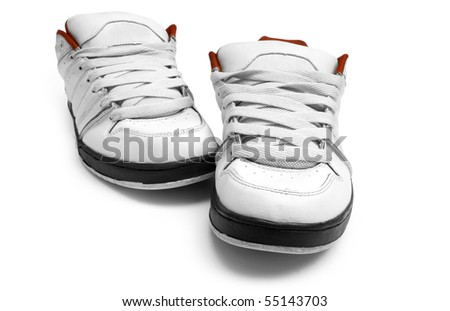 One steam of white trainers on white background