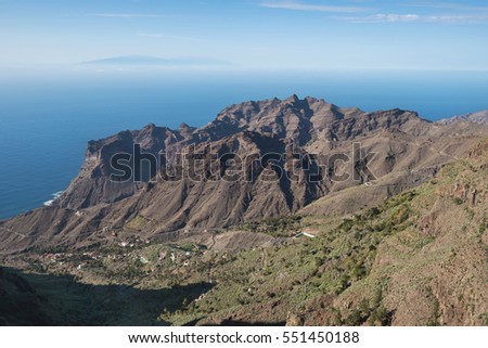 La Gomera landscape, breath taking Canyons and cliffs with La Palma island in the background, Canary islands, Spain. 