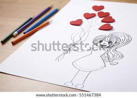 art drawing of girl holding bunch of heart shaped balloons