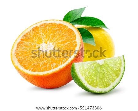 Citrus composition. Fruit with leaves isolated on white background. Orange, lemon, lime. Royalty-Free Stock Photo #551473306