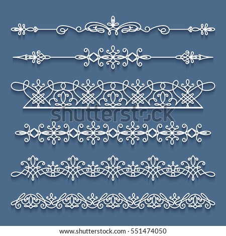 Vector set of lace border vignettes, suitable for laser cutting. Vintage flourish ornaments, cutout paper decoration, eps10