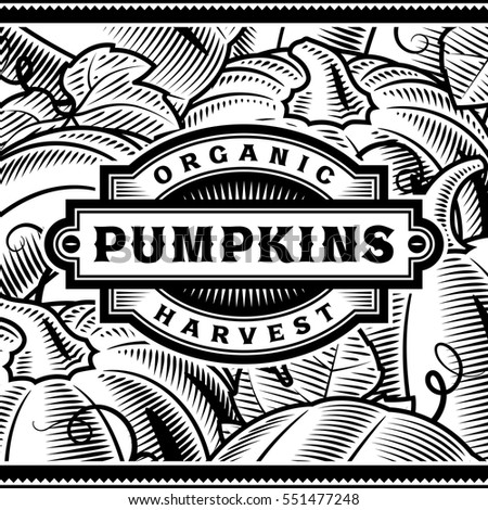 Retro Pumpkin Harvest Label Black And White. Editable vector illustration in woodcut style with clipping mask.