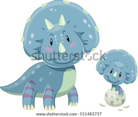 Adorable Illustration Featuring a Triceratops Mom Looking Fondly at a Baby Triceratops Hatching from an Egg