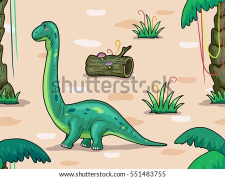 Seamless Background Illustration Featuring a Brontosaurus Surrounded by Prehistoric Foliage