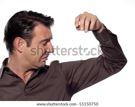 man sweating sniffle stain isolated studio on white background