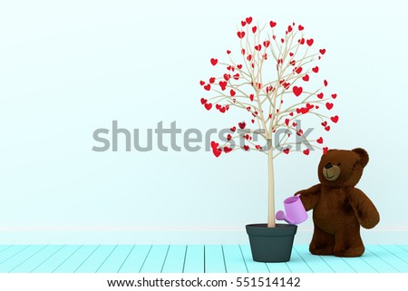 A photo of Teddy Bear Watering a tree of Love, 3D renderring with blender freeware