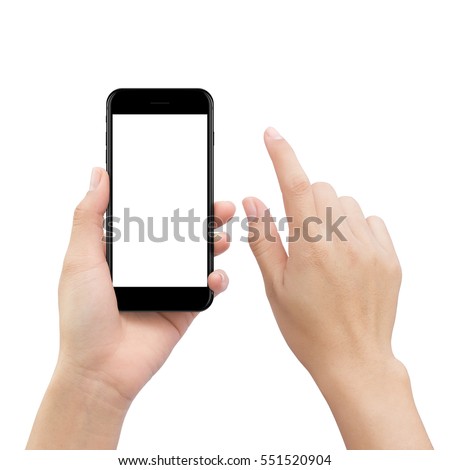 close-up hand touching smartphone screen isolated on white, mock up phone mobile blank screen easy adjustment with clipping path