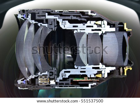 Cut haft cross section camera lens isolated on lens front background.