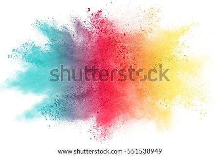 Freeze motion of color powder exploding on white background. Royalty-Free Stock Photo #551538949