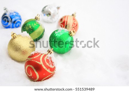 seven colorful Christmas balls in real snow blue green red gold and silver/Christmas Decor/Glass decorations