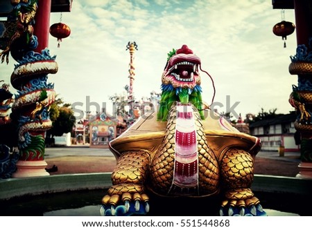 Dargon statue on Shrine roof ,dragon statue on china temple roof as asian art