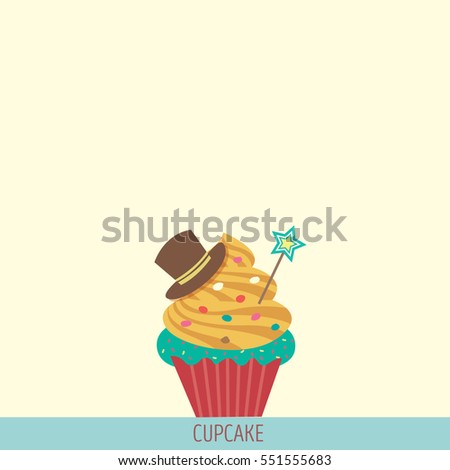 Cupcake decorated with mask and toppings on beige background.