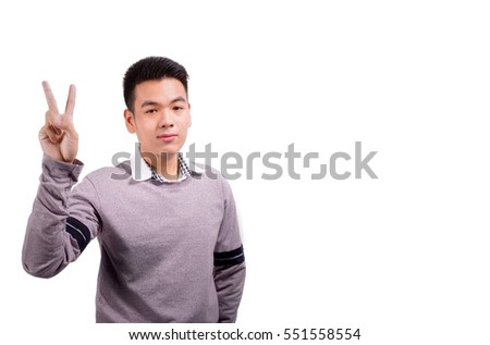 Two fingers symbol by a man's hand