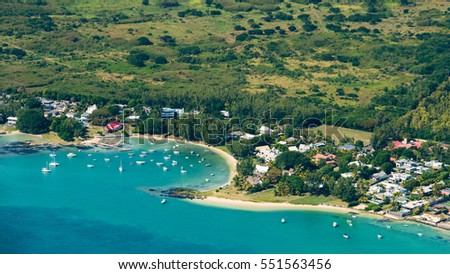 Aerial picture of Cap Malheureux Bay, small village of Mauritius Island and well known red roof church Notre-Dame Auxiliatrice de Cap Malheureux