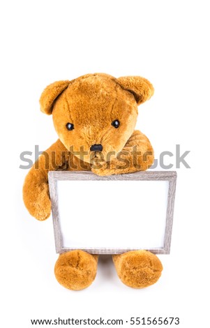 Brown fuzzy teddy bear holding a grey frame isolated on a white background