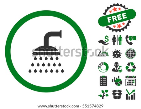 Shower pictograph with free bonus clip art. Glyph illustration style is flat iconic bicolor symbols, green and gray colors, white background.