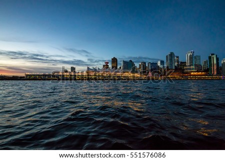 Beautiful view of Vancouver Downtown during a morning sunrise. Picture taken from the Ocean View in British Columbia, Canada.