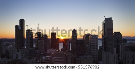 Skyline of Seattle downtown at sunset
