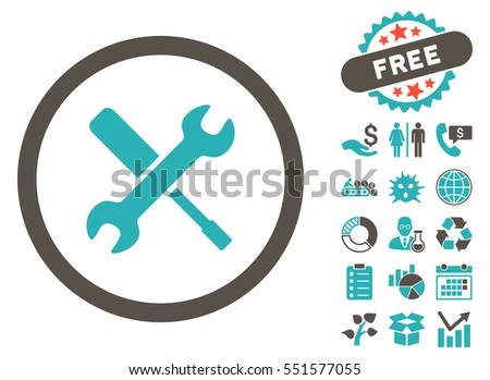 Tools icon with free bonus symbols. Glyph illustration style is flat iconic bicolor symbols, grey and cyan colors, white background.