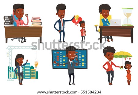 African stressed office worker sitting at workplace. Overworked office worker feeling stress from work. Stress at work concept. Set of vector flat design illustrations isolated on white background.