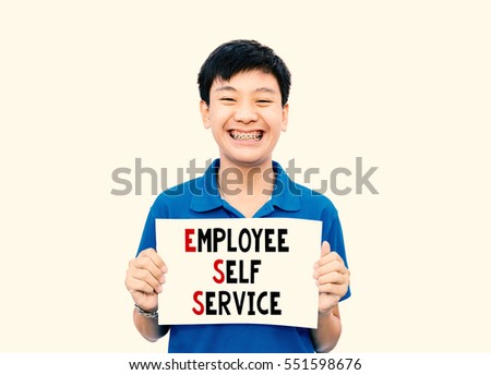 Asian teen holding paper with Employee Self Service (ESS) message with vintage tone.