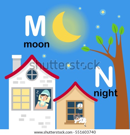 Alphabet Letter M-moon,N-night,vector illustration