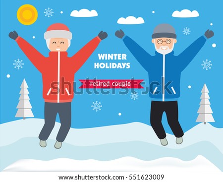 Winter holiday elderly couple. Grandparents jump with delight around snowy valley with trees, Sunny winter day. Flat style illustration.