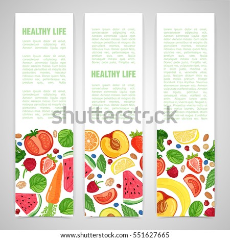 Template design vertical banner with the decor of the fruit. Horizontal pattern of natural foods, fruits, vegetables and berries. Frame with decor vegetarian food for poster, flyer. Vector.