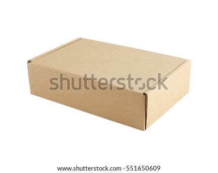 close-up single closed carton box with blank cover isolated on white background, brown parcel cardboard box for packages delivery Royalty-Free Stock Photo #551650609