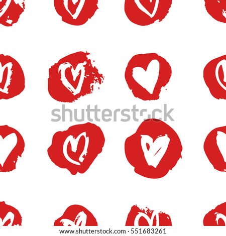 Hand drawn paint seamless pattern. Red and white hearts background. Abstract brush drawing. Grunge Vector art illustration