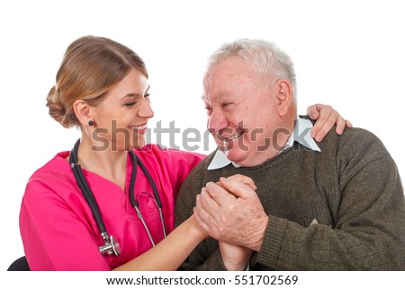 Picture of a smiling young doctor with her patient - isolated background