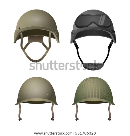 Set of military helmets. Classical, with goggles, combat and with projection lines. Different types of army headgear. Protective head cover element. Choose your uniform in paintball game. Vector