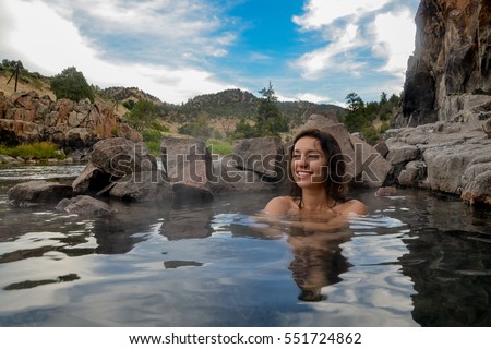 female hiker bathing in primitive hot springs on Colorado river
Radium, Grand County, Colorado, USA Royalty-Free Stock Photo #551724862